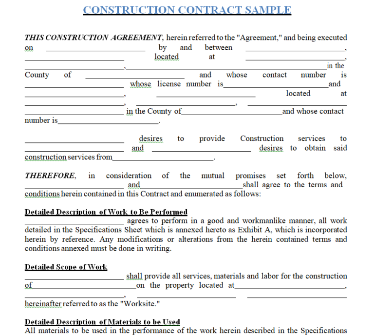 Free Construction Contract Agreement Samples Word Pdf Day To