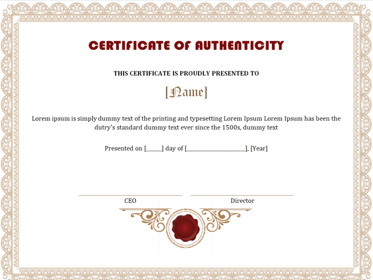 38 Best Certificate Of Authenticity Templates Word And Pdf Day To Day Email 7663